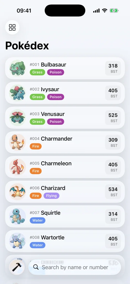 PokePlaybook Pokédex showing Pokémon, types, and base stat totals