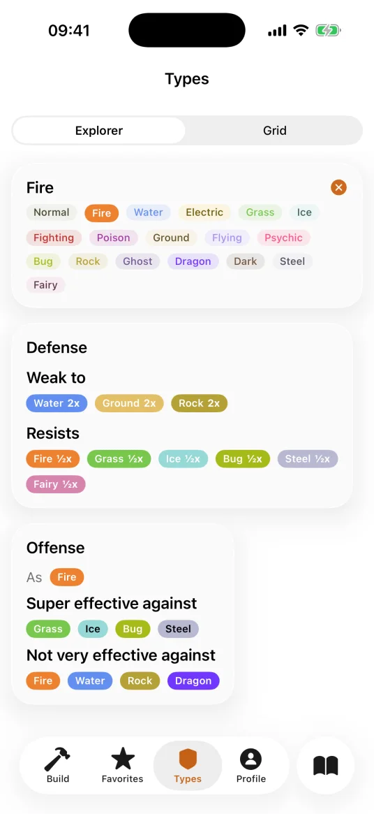 PokePlaybook Type Explorer showing Fire type strengths and weaknesses